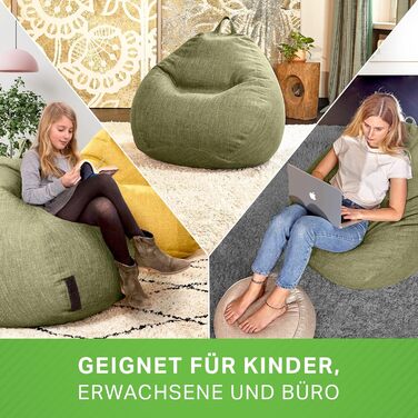 Чохол для крісла-мішка Green Bean XXL 80x90 см, льон, зелений, без наповнювача, м'який, міцний, праний, з додатковим внутрішнім мішком