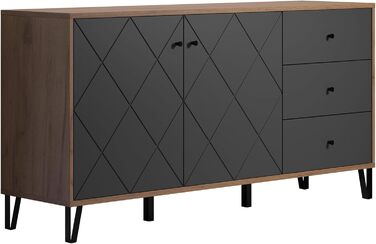 Сервант trendteam smart living Montez, сірий/дуб, 2 двері, 3 шухляди, фрезеровані фасади, металеві ніжки, 183x76x40 см