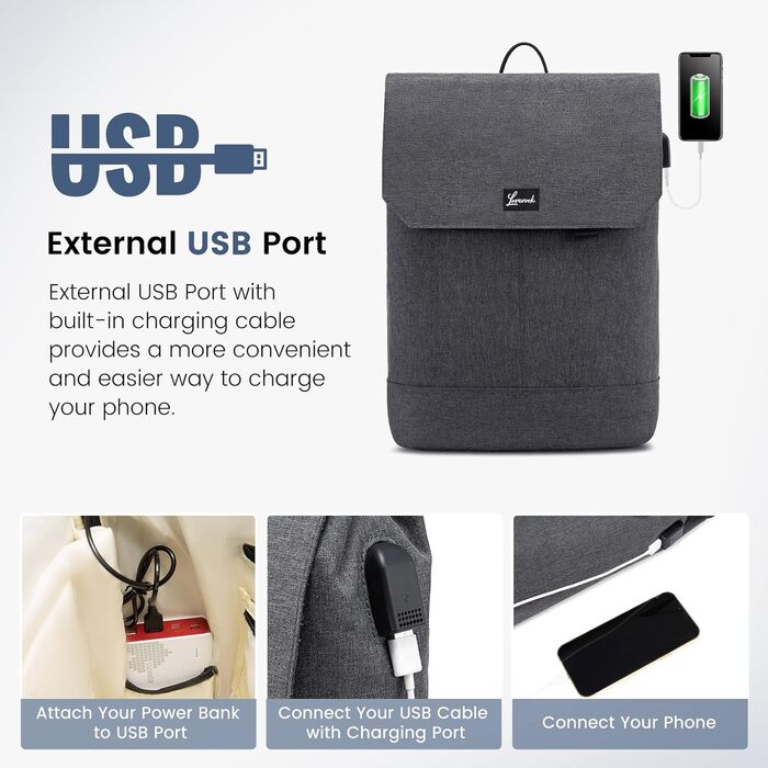 Чоловічий рюкзак LOVEVOOK для ноутбука 15,6'' з USB-портом, антивандальний, шкільний, для підлітків, темно-сірий