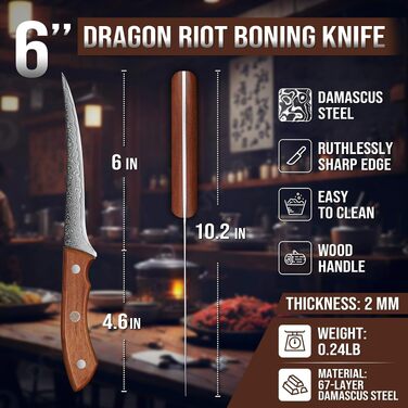 Кухонний ніж для м'яса DRAGON RIOT з дамаської сталі, японський надгострий ніж (15 см)