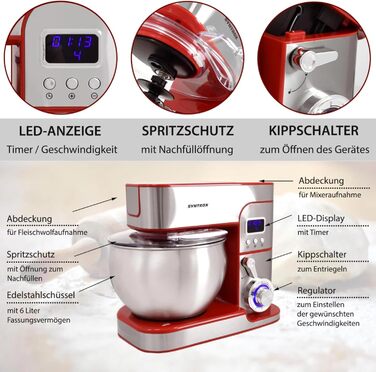 Кухонна машина Syntrox Germany Glumya 7 л, м'ясорубка, насадки для тіста та крему, нержавіюча сталь, LED-дисплей, 1300 Вт, червона