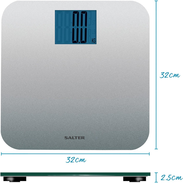 Електронна вага Salter 9075 Premium Max 250кг, велика платформа, LCD дисплей, для твердих і килимових підлог, батарейки в комплекті, срібляста