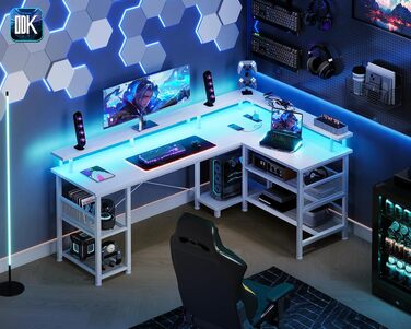 Ігровий кутовий стіл ODK з LED-підсвіткою та USB-портом, 150×102 см, білий, стільниця з вуглецевого волокна