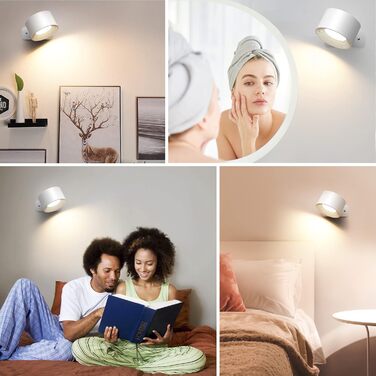 Світильник настінний з акумулятором, LED, 3 кольори, 3 рівні яскравості, 360° обертання, сенсорне керування, бездротовий, білий