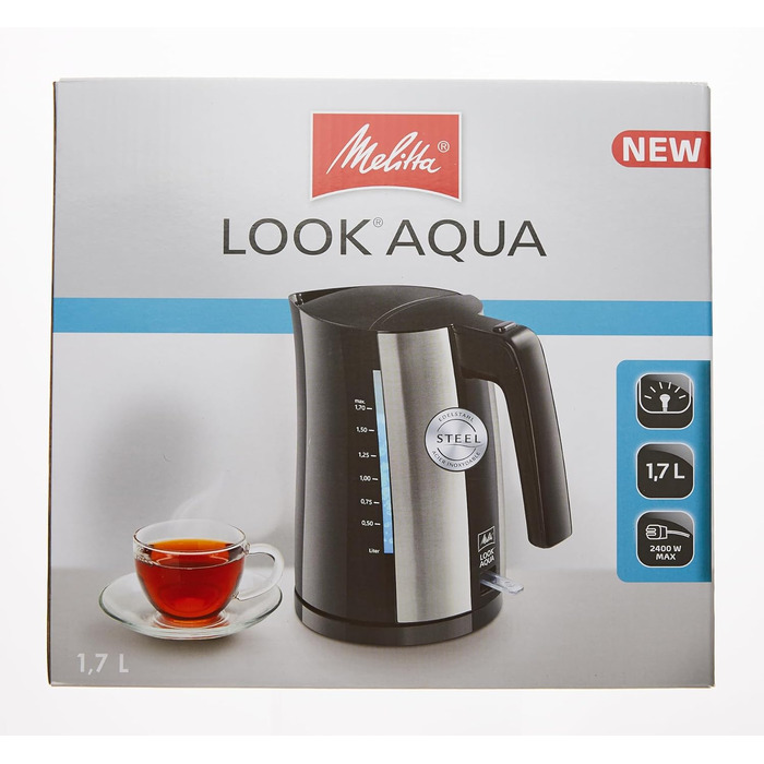 Електрочайник Melitta Look Aqua 1026-02, 1,7 л, 2400 Вт, чорний, з автоматичним вимкненням, захистом від перегріву та прихованим нагрівальним елементом