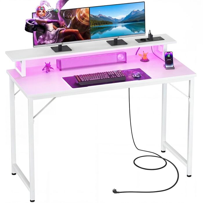 Комп'ютерний стіл iSunirm 100x50 см для геймінгу з RGB підсвіткою, розеткою та підставкою під монітор, білий