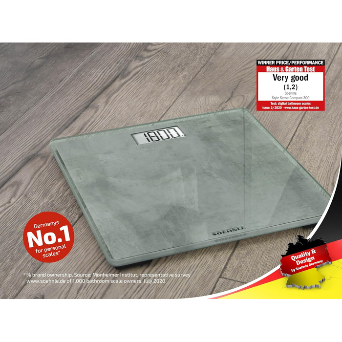 Електронна вага Soehnle Style Sense Compact 300 Concrete, LCD-дисплей, ультратонкий дизайн, максимальна вага 180 кг, бетон
