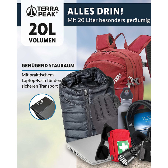 Рюкзак для туризму Terra Peak Flex 20 л, преміум, з вентиляцією спини, питною системою та дощовиком, темно-червоний, поліестер 3D Air Mesh, з поясним ременем