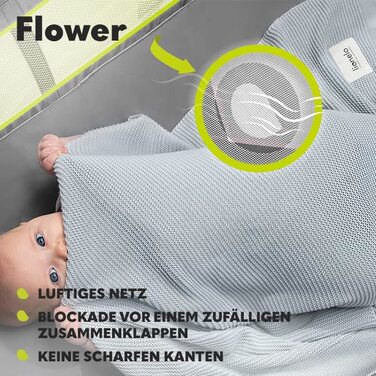 Дитяче ліжечко-манеж Lionelo Flower 4-в-1 з боковим входом, пеленатором, двома рівнями висоти, ігровою дугою, колесами та сумкою для перенесення