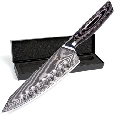 Кухонний ніж Wolfblood PRO Damast XL (33 см) з дамаської сталі 67 шарів, преміум-якість, для професійних кухарів, з дерев'яною ручкою, подарункова коробка, захист леза, сертифікований TÜV, 62 HRC