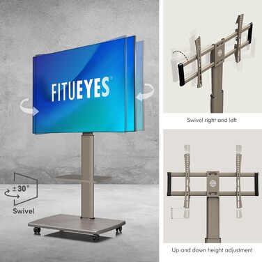 Підлогова стійка для телевізора FITUEYES на колесах з дерев'яною полицею, регульована висота, обертання, для екранів 32-70 дюймів, до 40 кг, VESA 400x600, колір хакі