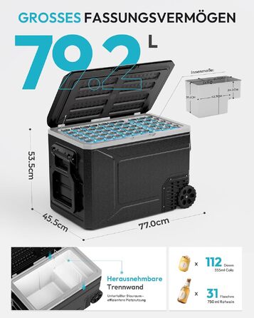 Автомобільний компресорний холодильник EUHOMY 79L з Wi-Fi, -20℃~20℃, 12/24V/240V: для кемпінгу, подорожей, риболовлі