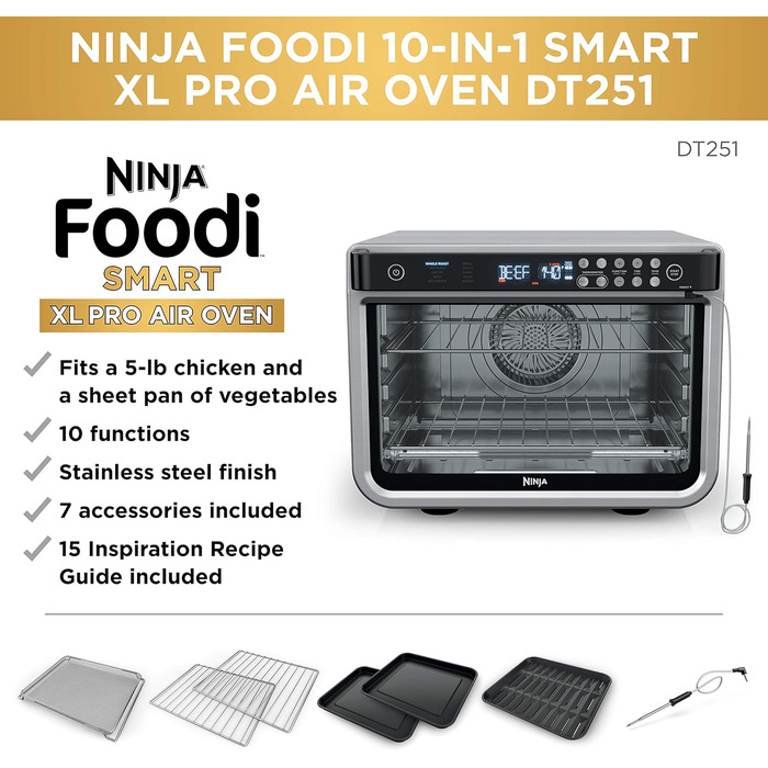 Мультипіч Ninja Foodi DT251 Smart XL 10-в-1: Аерогриль, духовка, тостер, гриль, з термометром, срібляста