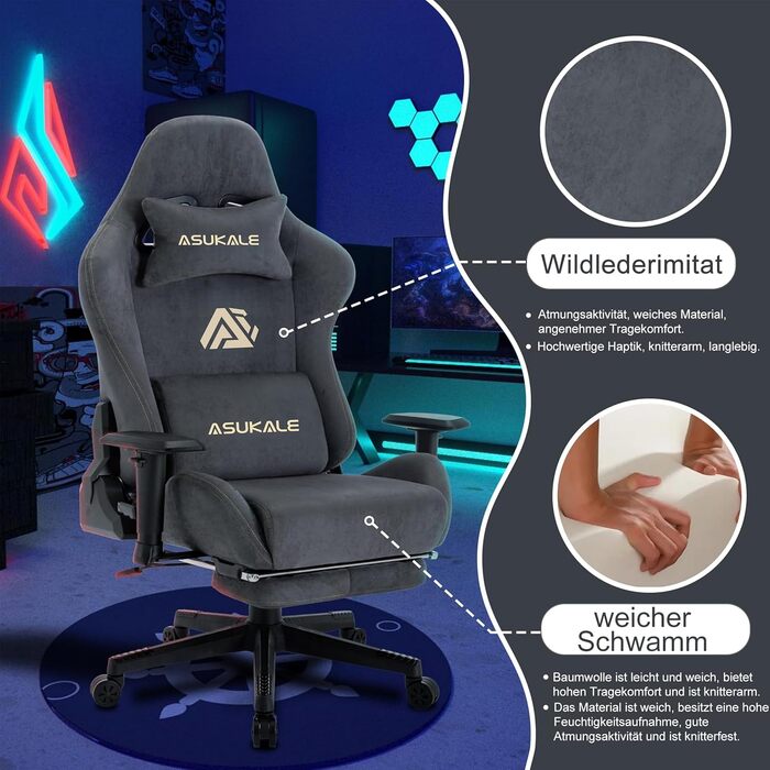 Ігрове крісло Gaming Stuhl ергономічне офісне з підсвічкою, дихаюча тканина, масажна поперекова підтримка, підставка для ніг, сіре