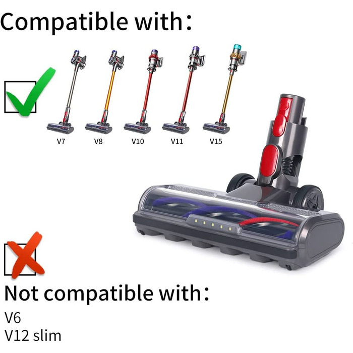 Щітка KENVOR для пилососа Dyson V7/V8/V10/V11/V15, підлогова, з прямим приводом і 5 LED-лампами, для коротковорсових килимів і твердих підлог, сіра