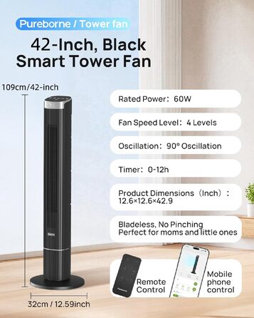 Вентилятор вежовий Leiser Smart 25дБ з осциляцією 90°, 4 режими, таймер 12 год, 109 см, чорний