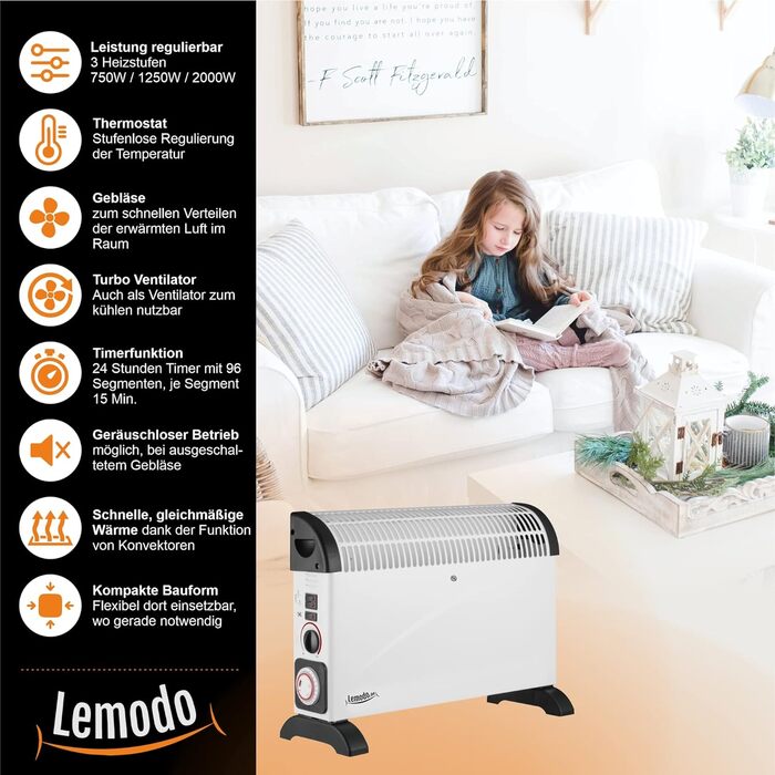 Електричний конвектор LEMODO 2000 Вт, мобільний, 3 режими, енергозберігаючий, з таймером і турбо, без газу та олії