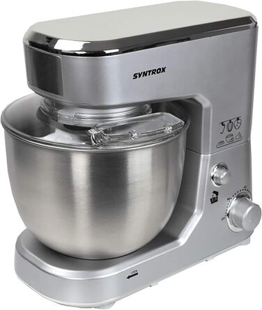 Кухонна машина Syntrox Germany з захисною кришкою, міксер-тестоміс, 5 л, нержавіюча сталь, срібляста