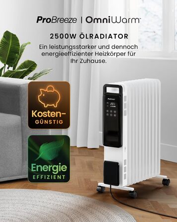 Електричний масляний радіатор Pro Breeze OmniWarm 2500W з 11 ламелями - енергозберігаюча теплова гармата з термостатом, таймером та захистом