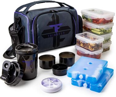 Ізольована ланчбокс з 6 контейнерами для їжі – BPA-Free, багаторазовий, підходить для мікрохвильової печі та морозильника – ланч-торба з шейкером, органайзером для пігулок, плечовим ремінцем та охолоджувальними акумуляторами – термосумка (фіолетовий)