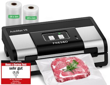 Вакууматор FRESKO Automatik для продуктів: автоматичний вакуумний пакувальник з турбо-потужністю 18л/хв, керування однією кнопкою, комплект з 2 рулонами для пакетів