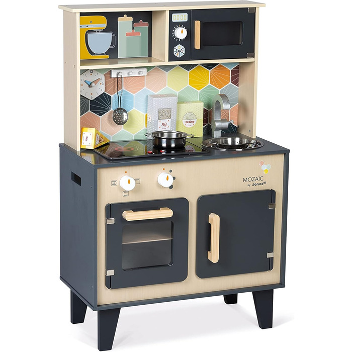 Дитяча ігрова кухня Janod Mozaïc Big Cooker з підсвіткою та звуком, дерев'яна кухня з аксесуарами та продуктами, для дітей від 3 років, 53x30x87 см, J06609