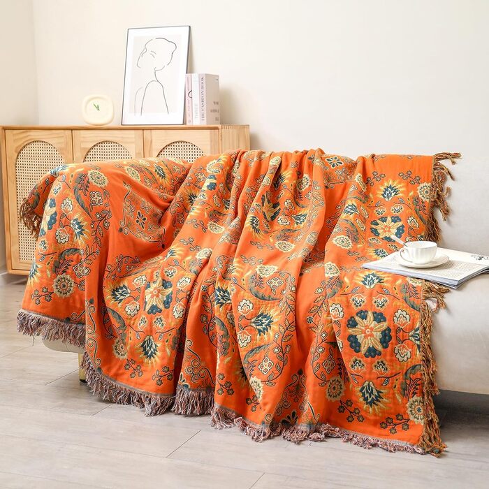 Двосторонній плед HOORDRY з бавовни Boho 150x200 см, покривало на ліжко, диван чи крісло, зелений та помаранчевий, з візерунком, для сну чи відпочинку