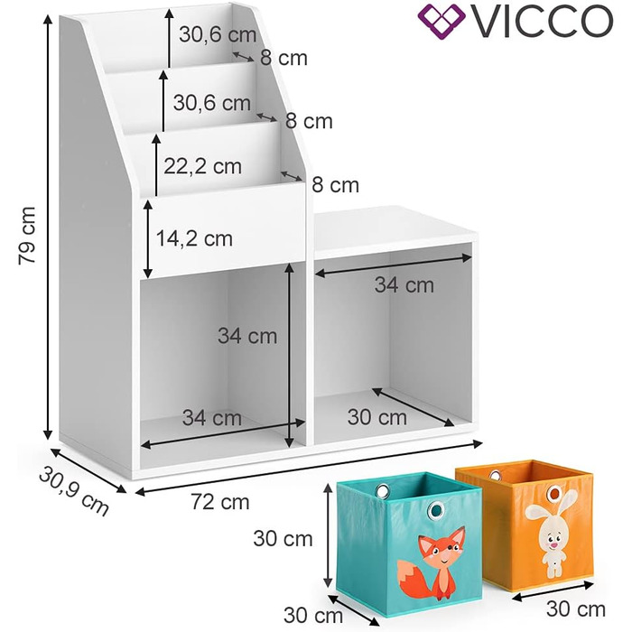 Дитяча книжкова полиця Vicco Luigi, біла, 72x79 см, з 2 складними коробами, малюнок Лисиця/Заєць