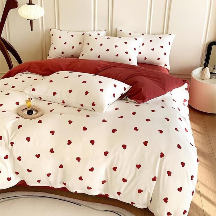 Комплект постільної білизни Freyamy з принтом серця, 3 предмети, 220x240 см, біло-червоний