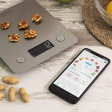 Кухонні ваги CookControl 10000 з підключенням до додатку, нержавіюча сталь, зважування від 1 г до 5 кг, LCD-дисплей, плоский дизайн, антифронт покриття, додаток для керування
