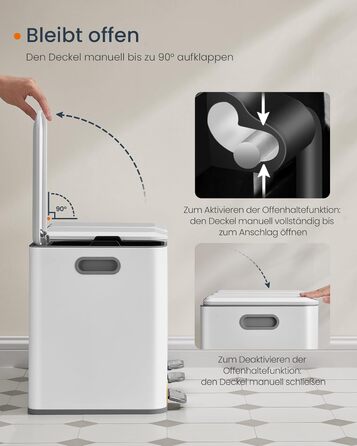 Сортувальний смітник для кухні SONGMICS HOME, 3×15 л, сталевий, з кришками, внутрішніми відрами та педалями, для роздільного збору сміття, білий
