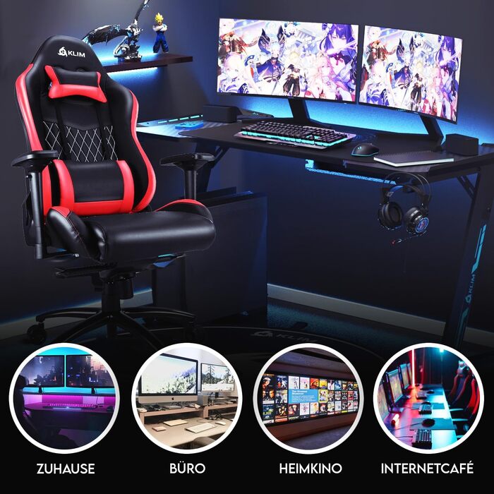 Ігрове крісло KLIM Esports з регулюванням, поперековою та шийною підтримкою, ергономічне, з екошкіри, преміум-якість, червоне, модель 2024 для геймерів і ПК
