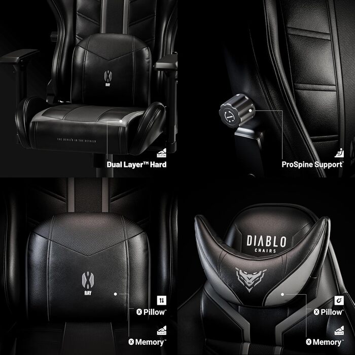 Ігрове крісло Diablo X-Ray, офісне, ергономічне, 4D підлокітники, перфорована екошкіра, чорне-сіре, розмір L