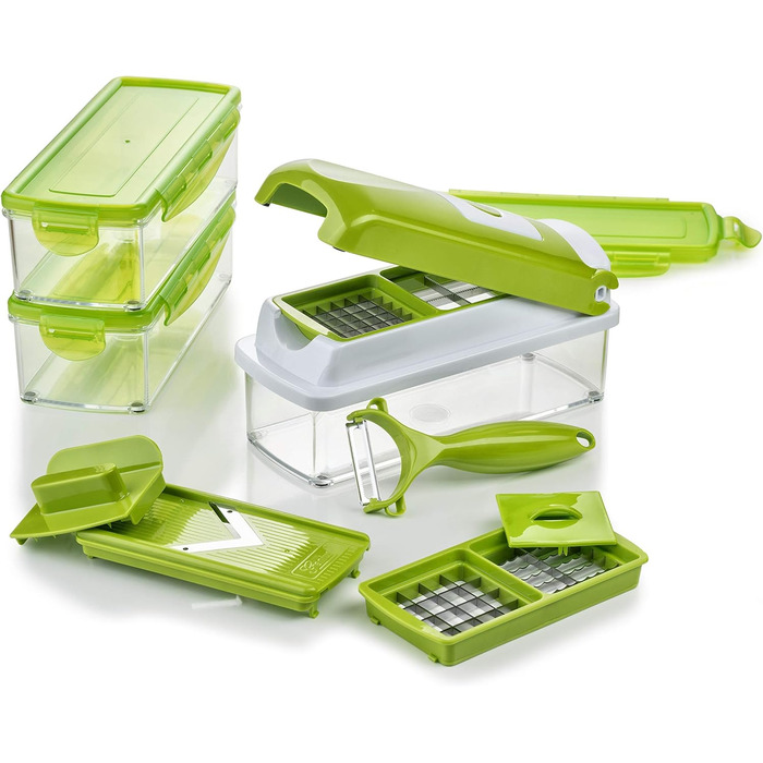 Овочерізка Genius Nicer Dicer Smart 13 в 1, багатофункціональна мандоліна для нарізки, шинкування, кубиків, соломки, чистки та зберігання овочів і фруктів, kiwi-зелений колір
