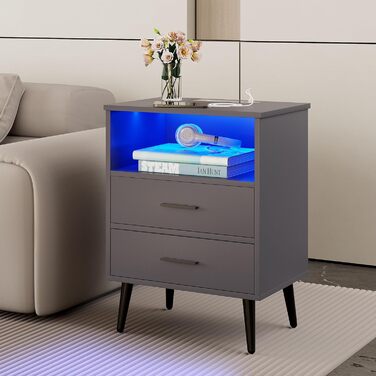 Сучасна тумба приліжкова LVSOMT з LED-підсвіткою, 2 шухляди, USB та Type-C зарядка, чорна, для спальні та вітальні