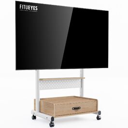 Підставка для телевізора FITUEYES мобільна з поличками, регульована по висоті, для екранів 40-85 дюймів (до 60 кг), VESA 600x400 мм, колір: натуральне дерево + білий