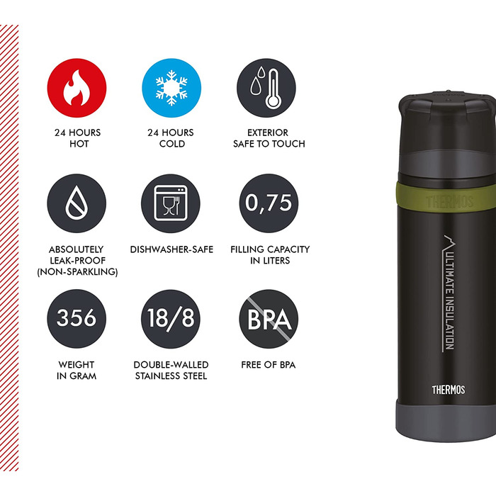 Термос для напоїв THERMOS Mountain 0,75 л, чорний, нержавіюча сталь, з чашкою, 24 год гарячий/холодний, легкий та міцний, BPA-free, для походів