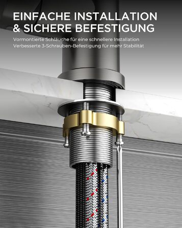 Змішувач кухонний FORIOUS з витяжним душем, одинарний важіль, 3 режими струменя, поворотний на 360°, нержавіюча сталь