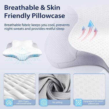 Подушка для шиї та голови HOMCA з Memory Foam, ергономічна, 3D охолодження, 62x41x11/13 см, сіра