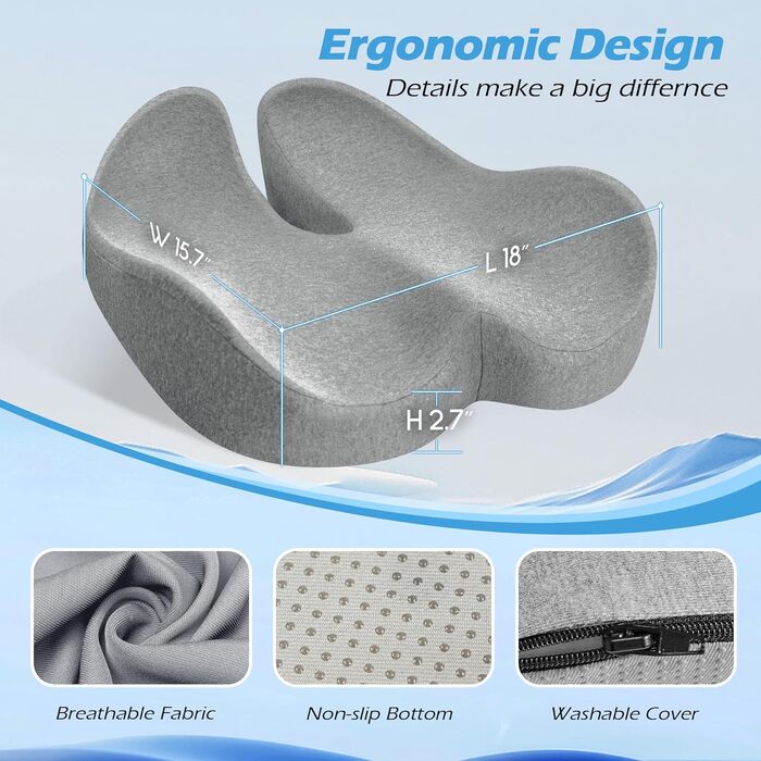 Подушка для офісного крісла Lofty Aim з Memory Foam: ергономічна, для куприка, при болях у спині, для офісу, авто, літака, інвалідного візка - Чорний та світло-сірий