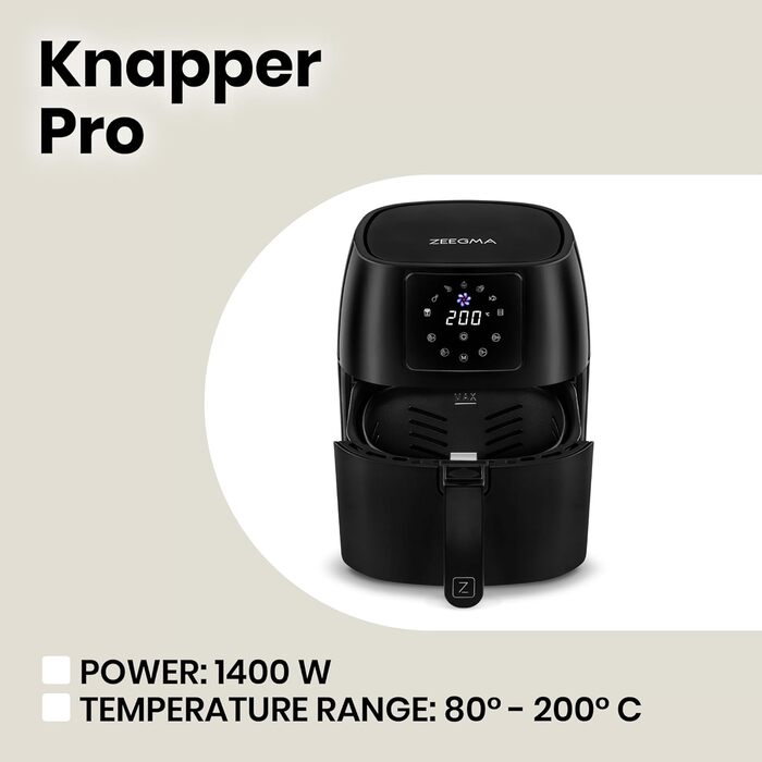 Аерофритюрниця ZEEGMA Knapper Pro Turbo 1400 Вт, 4,5 л, тефлонове покриття, 8 програм, швидке та здорове приготування, чорна