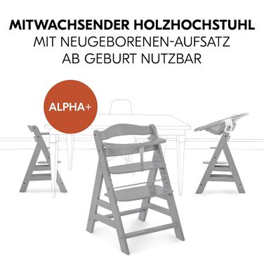 Дитячий стільчик Hauck Alpha+ Newborn Set з 2в1 гойдалкою - регульований дерев'яний стільчик для годування з народження, з подушкою та гойдалкою для новонароджених (Classic, Сірий)