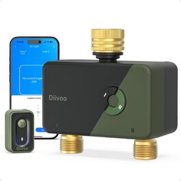 Таймер поливу Diivoo WLAN з 2 виходами, латунні з'єднання, 12 програм, сумісний з APP/Alexa/Google, датчик дощу для газону, саду, балкону