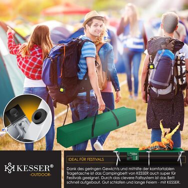 Розкладне кемпінгове ліжко KESSER 190/210 см з підсвіткою, сумкою та кишенею, металевий каркас, 600D Oxford, до 150 кг, портативне польове ліжко для відпочинку та подорожей