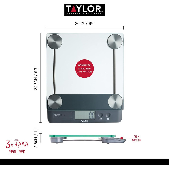 Кухонні ваги Taylor Pro Digital з таро-функцією, 14,4 кг, прозорі