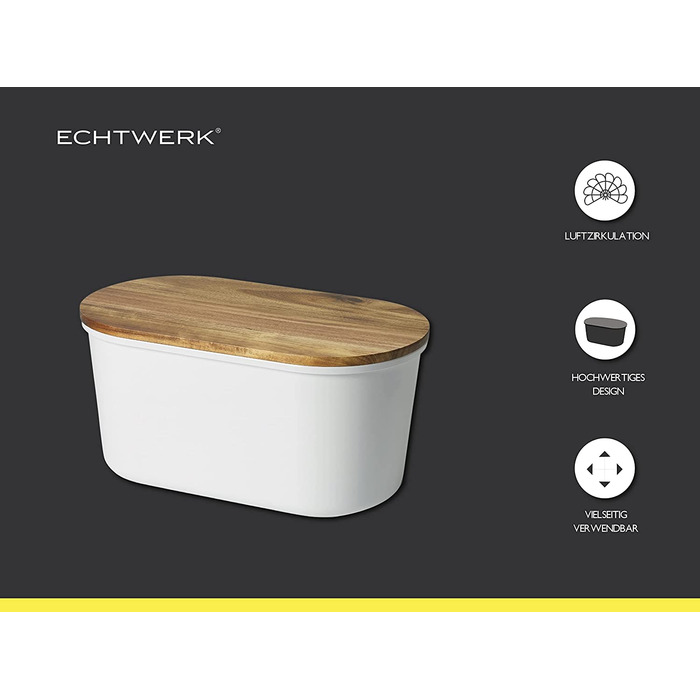 Хлібниця ECHTWERK FRESH, біла, з кришкою та дошкою для нарізання з акації, для зберігання до 1 кг хліба, 37x22x17 см