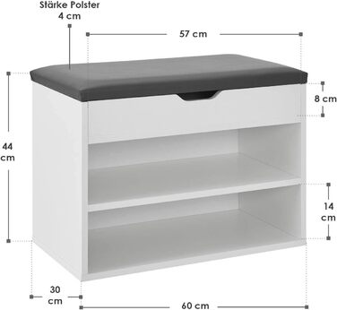 Лавка для взуття Juskys з відкидною кришкою, м'яким сидінням 60x30x44 см, вузька дерев'яна полиця для взуття з бетонною обробкою