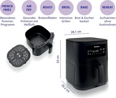 Аерофритюрниця Brabantia Airfryer XL 4-5.7л, 1700 Вт, 8 програм, цифровий сенсорний дисплей, без PFAS, чорна, BBEK1134
