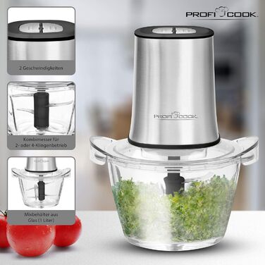 Подрібнювач ProfiCook 1 л, скляна чаша, 2 змінних леза з нержавіючої сталі, 2/4-клинковий режим, 2 швидкості, функція подрібнення льоду, модель PC-MZ 1150