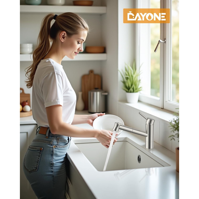 Змішувач кухонний DAYONE з витяжним душем, високий вилив, поворотний на 120°, для кухні, бару, фургону